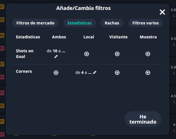 como añadir filtros de estadisticas en el cupón prepartido en betpractice