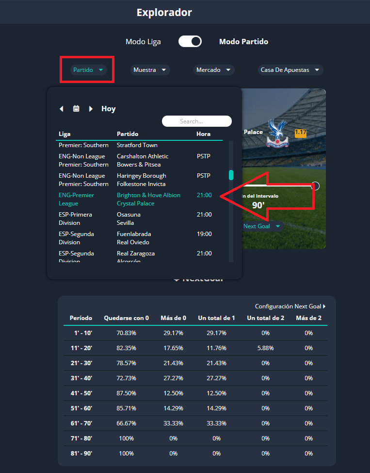 como elegir partido en next goal