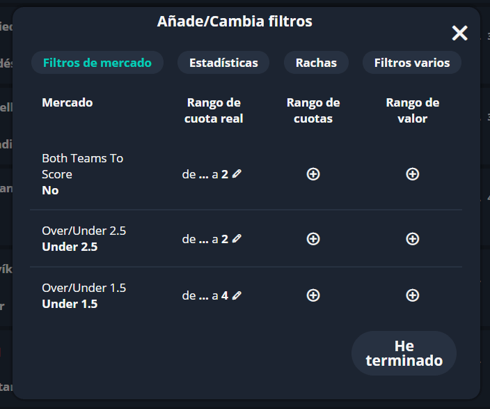 Filtros de cuota real para una estrategia de ambos equipos marcan no