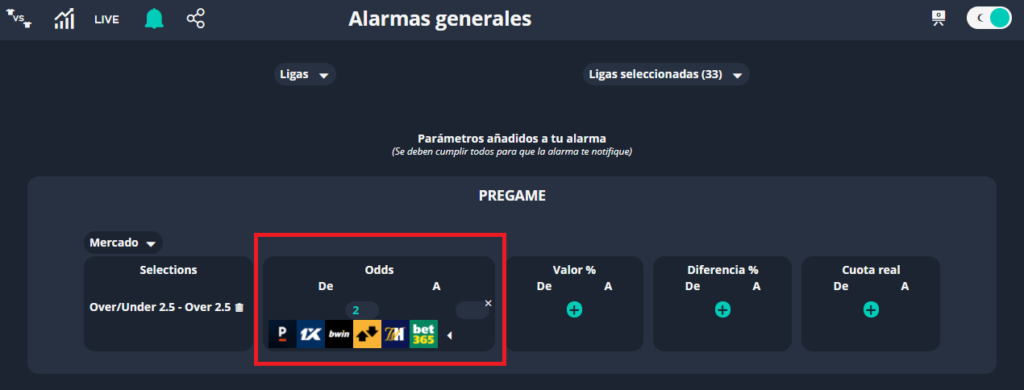 filtros de cuotas en las alertas de fútbol generales