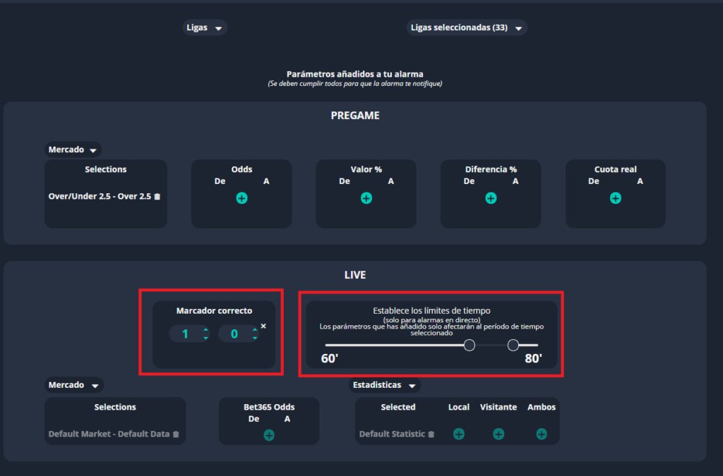 filtros de marcador correcto para alertas de fútbol