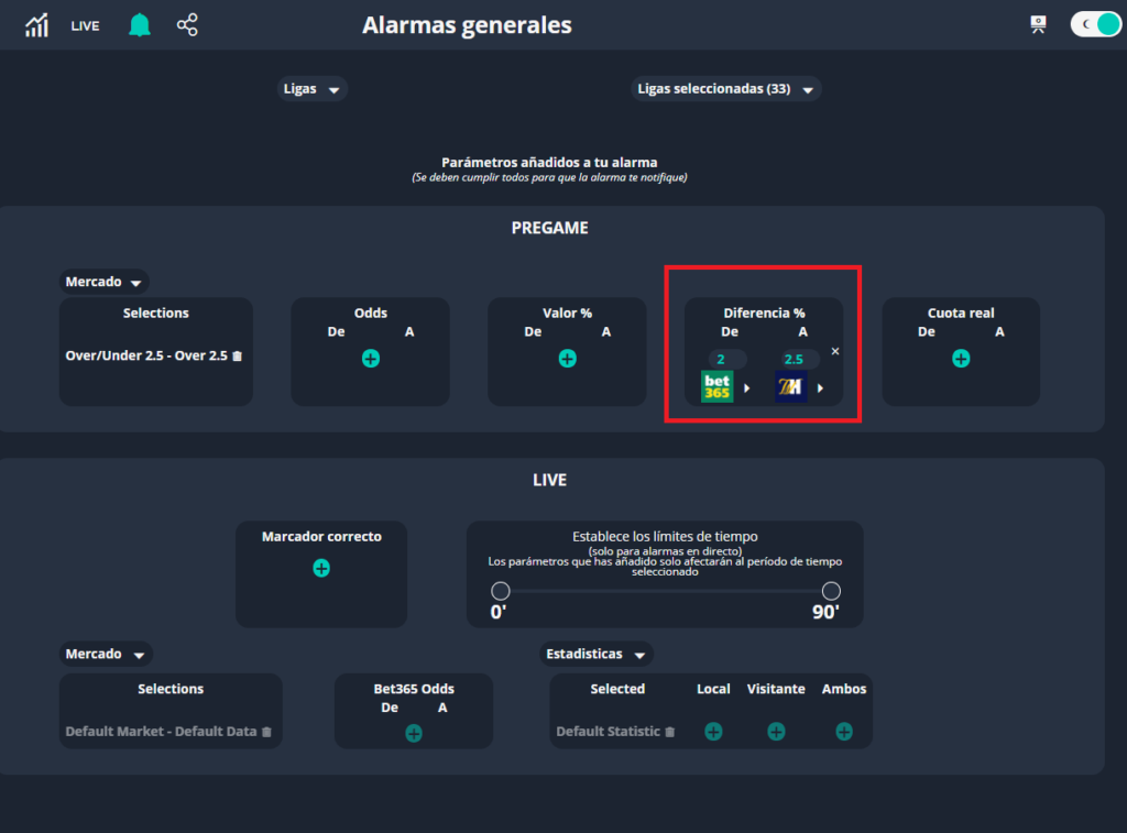 filtros de diferencia de cuotas en alertas de fútbol