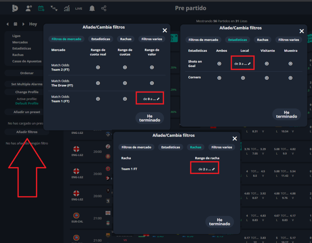 como añadir filtros en la herramienta prepartido de betpractice