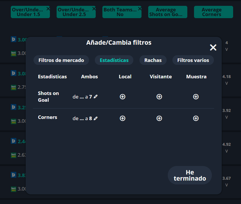 Filtros de estadística para una estrategia de ambos equipos marcan no