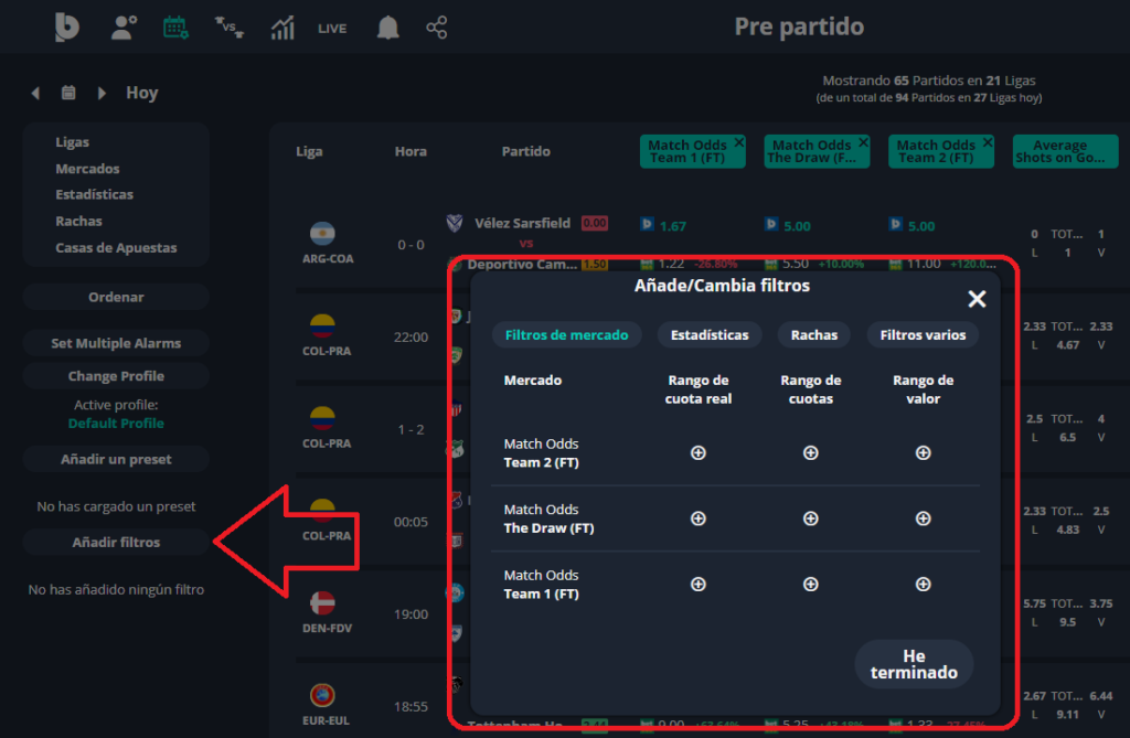 como sacar aplicar filtros en el cupón prepartido de Betpractice