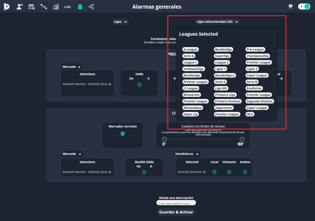 selección de ligas en las alertas de fútbol generales