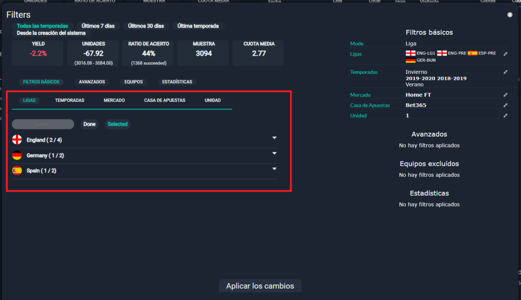 selección de ligas en filtros basicos de backtesting